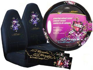 5 Piece Ed Hardy Auto Interior Accessories Set   2 Universal Fit Seat Covers and Faux Suede Steering Wheel Cover and 2 Seat Belt Covers   Love Kills: Automotive