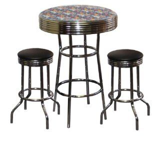 Superman Themed 3 Piece Bar Table Set Glass Top Table with 2 Black Vinyl Swivel Seat Bar Stools   Home Bars