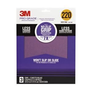3M 9 in. x 11 in. 220 Grit Pro Grade 220 Grit Very Fine No Slip Grip Advanced Sandpaper (3 Pack) 25220P G