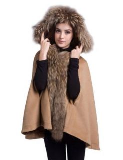 Kattee Women's Raccoon Fur Collar Hooded Thicken Wool Cape Cloak at  Womens Clothing store