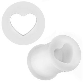 00G   White Heart Shaped Cut Out Flexible Silicone Tunnel Plugs   Pair: Jewelry