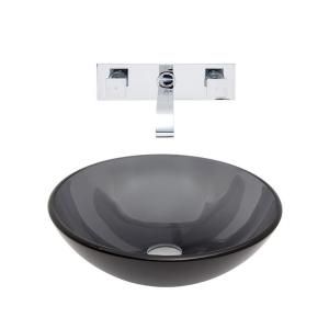 Vigo Glass Vessel Sink in Sheer Black and Wall Mount Faucet Set in Chrome VGT261