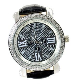 Mens Diamond Hip Hop Silver Tone Watch 50mm Bezel Black Leather Strap: Watches