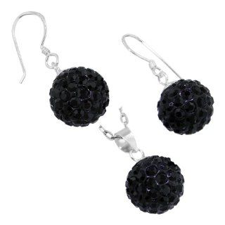 Sterling Silver and Black Crystal Glass 12mm Disco Ball Pendant and Dangle Earrings Set: Jewelry