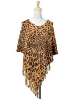 Anna Kaci S/M Fit Brown Leopard Cheetah Print Fringe Long Draped Shawl Cape at  Womens Clothing store: Pullover Sweaters