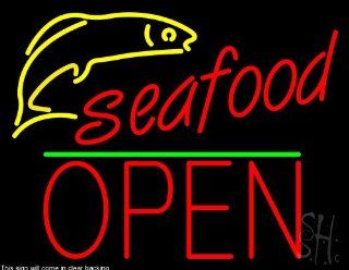 Seafood Logo Block Open Green Line Clear Backing Neon Sign 24" Tall x 31" Wide : Business And Store Signs : Office Products