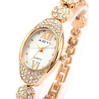 Aoyi Gold Mother of Pearl Crystal Lady Slim Bracelet Flower Steel Quartz Watch: Watches