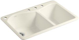 Kohler K 5841 4 47 Lawnfield Self Rimming Offset Double Basin Sink with 4 Hole Faucet Drilling, Almond   Double Bowl Sinks  
