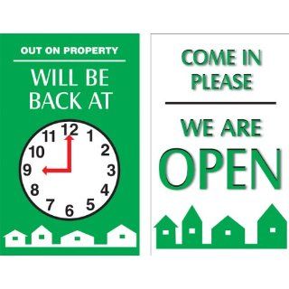 Accuform Signs MPCM503 Dura Plastic Double Sided "Be Back" Clock Sign, Legend "OUT ON PROPERTY WILL BE BACK AT (PIC OF CLOCK)/COME IN PLEASE WE ARE OPEN", 5" Width x 8" Length, Green/Black/Red on White: Industrial Warning Sign