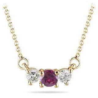 1/4 (0.21 0.27) Cts Diamond & 0.30 Cts of 4 mm Round Ruby Three Stone Necklace in 18K Yellow Gold: Jewelry