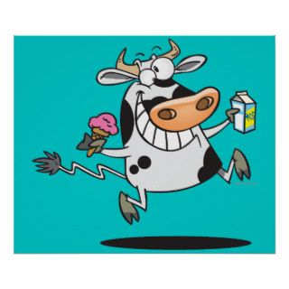 happy cute dairy cow cartoon ice cream milk posters