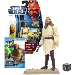Hasbro Year 2012 Star Wars Movie Heroes Galactic Battle Game Series 4 Inch Tall Action Figure   MH18 QUI GON JINN with Light Up Green Lightsaber Blade, Battle Game Card, Die and Figure Display Base: Toys & Games