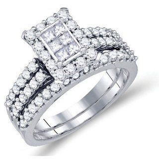 Diamond Solitaire Princess Rectangle Shaped Bridal Rings Set 14K White Gold (1.23 ct.tw.): Engagement Rings: Jewelry