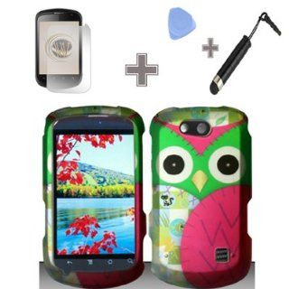 Rubberized Black Green Purple Silver Owl Eyes Snap on Design Case Hard Case Skin Cover Faceplate with Screen Protector, Case Opener and Stylus Pen for ZTE Groove X501   Cricket: Cell Phones & Accessories