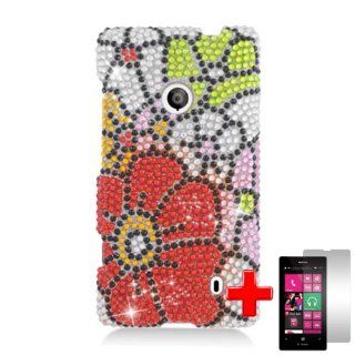 Nokia Lumia 521 (T Mobile) 2 Piece Snap on Rhinestone/Diamond/Bling Case Cover, Cascading Multicolor Flower Pattern + LCD Clear Screen Saver Protector Cell Phones & Accessories