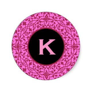 Bright Pink Curlicue Lace J Monogram or any Letter Round Stickers