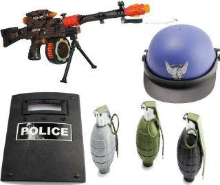 Future Tommy Machine Gun Battery Operated Toy Rifle COMBO SET with Riot Shield, swat helmet, 3 Realistic sounding and exploding Grenades for kids with removable pins: Toys & Games
