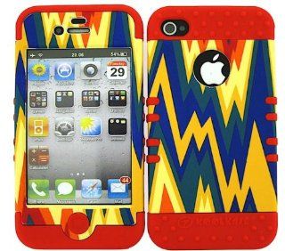3 IN 1 HYBRID SILICONE COVER FOR APPLE IPHONE 4 4S HARD CASE SOFT RED RUBBER SKIN ZIG ZAG RD TE416 KOOL KASE ROCKER CELL PHONE ACCESSORY EXCLUSIVE BY MANDMWIRELESS: Cell Phones & Accessories