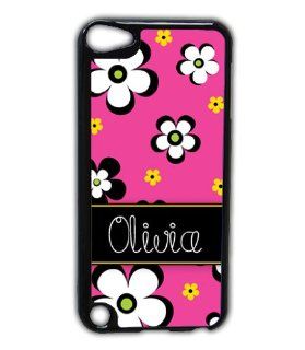 Retro monogrammed Ipod 5 case   Hot pink flowers with name monogram   iPod Touch 5g cover, iTouch case: Cell Phones & Accessories