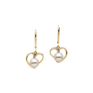 14K Yellow Gold   Freshwater Cultured Pearl & Diamond Earrings: Jewelry
