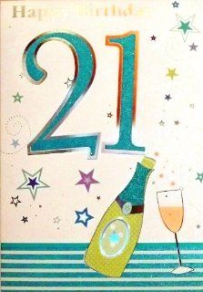 Large Sized Men's Turquoise Blue & Silver "Happy Birthday 21" Birthday Greetings Card   With Foil & Glitter Embossed Champagne & Glass (23cm x 15cm) 