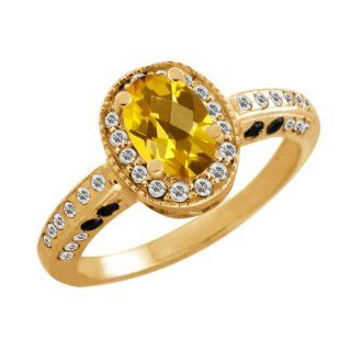 1.28 Ct Oval Checkerboard Yellow Citrine White Sapphire 18K Yellow Gold Ring: Jewelry