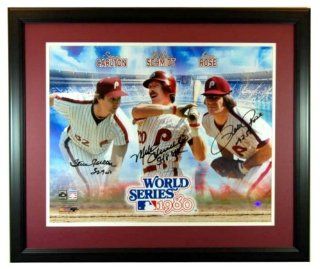 Pete Rose, Mike Schmidt, & Steve Carlton Autographed Framed 16x20 Philadelphia Phillies 1980 World Series Collage Inscribed "4136 K's", "548", & "4256": Sports Collectibles
