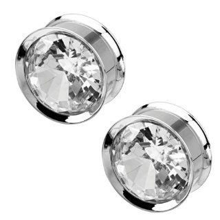 1" (25mm)   Bezel Set CZ Surgical Steel Double Flared Plugs   Pair: Jewelry