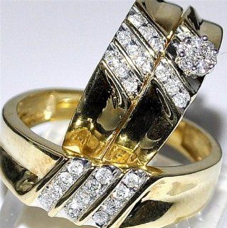 Trio Set His and her wedding rings 0.4ct 10K Yellow Gold 3 piece Bride and grooms: Wedding Bands: Jewelry