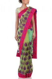 Chhabra 555 Womens Meadow Green Net Saree One Size: Clothing