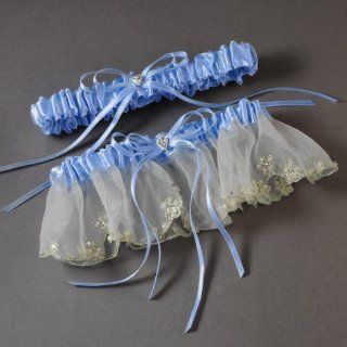 Something Blue Wedding Garter Set Sheer Lace Light Blue Satin with Heart Ribbon Rhinestone Accents Bridal Accessories : Wedding Ceremony Accessories : Everything Else