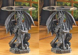 2 DRAGON STATUE ACCENT GLASS TOP TABLES  