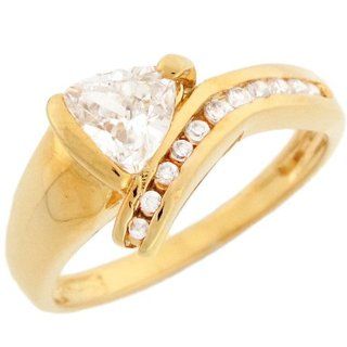 14k Yellow Gold Trillion Shaped CZ Ring with Round Channel accents: Jewelry