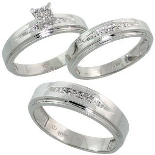 10k White Gold Diamond Trio Engagement Wedding Ring Set for Him and Her 3 piece 6 mm & 5 mm wide 0.11 cttw Brilliant Cut, ladies sizes 5   10, mens sizes 8   14: Jewelry