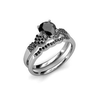 Four Prong 1.40cttw Natural Treated Black Round Diamond Bridal Set Ring & Wedding Band in 14K White Gold.: Jewelry