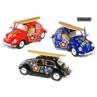 Set of 3: 6" 1967 Volkswagen Classic Beetle with Flower Decals and Surfboard 1:24 Scale (Black/Blue/Red): Toys & Games