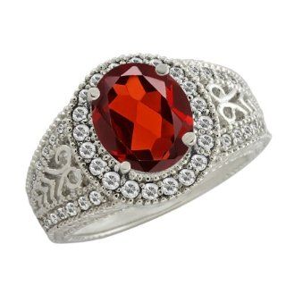3.33 Ct Oval Red Garnet White Sapphire 14K White Gold Ring: Jewelry