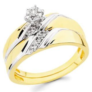 14K Yellow and White 2 Two Tone Gold Women's Round cut Diamond Enagagement Ring and Wedding Band 2 Pieces Bridal Set (0.1 CTW., G H Color, SI Clarity)   Size 4: Goldenmine: Jewelry