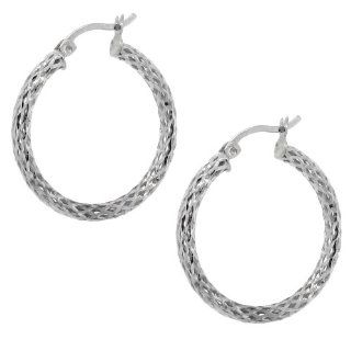 Genuine Sterling Silver Rhodium Plating Woven Mesh Pattern Hoop Earrings: Jewelry
