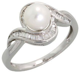 18k White Gold Swirl Diamond Ring, w/ 0.19 Carat Baguette Diamonds & 1.45 Carats (6mm) White Pearl, 7/16" (11mm) wide, size 10 Jewelry