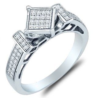 .925 Sterling Silver Plated in White Gold Rhodium Diamond Engagement Ring   Square Princess Shape Center Setting w/ Micro Pave Set Round Diamonds   (1/5 cttw) Sonia Jewels Jewelry