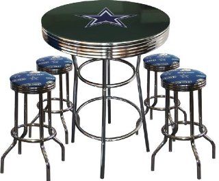Dallas Cowboys Logo Glass Top Chrome Bar Pub Table Set with 4 Swivel Bar Stools   Home Bars