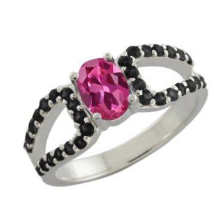 1.49 Ct Oval Pink Tourmaline Black Diamond 18K White Gold Ring: Jewelry