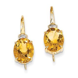 14k Yellow Gold Diamond & Citrine Oval Dangle Earrings: Jewelry