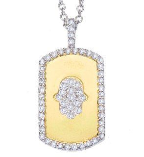 Unique 14k two tone gold diamonds HAMSA HAND OF GOD good luck dog tag pendant necklace: Jewelry