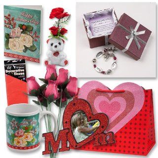 Mothers Day Gift Set Complete with Gift Bag, Red Tissue Paper, Love Mother Forever Bracelet, Bouquet of 8 Wire Stem Burgundy Roses, "I Love You" Mini Bear, Large Greeting Card, Picture Frame and Mug Toys & Games