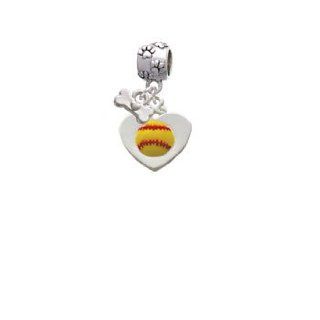 Softball in Heart Paw Print Charm Dangle Bead with Dog Bone: Delight & Co.: Jewelry