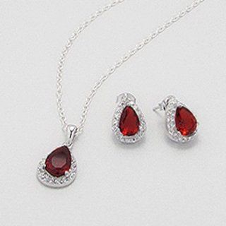 Sterling Silver Cz Ruby Pendant Necklace Earrings Set for Valentines Day 18" Italian Chain   GIFT BOXED: Jewelry