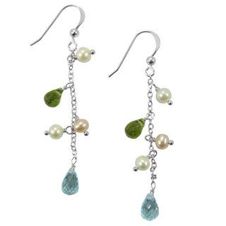 Sterling Silver Freshwater Cultured Pearl with Semi Precious Stones Earrings: Dangle Earrings: Jewelry