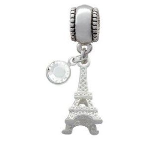 Silver 3 D Eiffel Tower Charm Bead with Clear Crystal Dangle: Jewelry